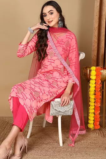 Women pink viscose rayon geometric printed straight kurta trouser with dupatta