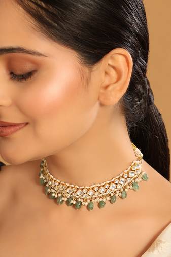 gold plated royal kundan necklace with green stones