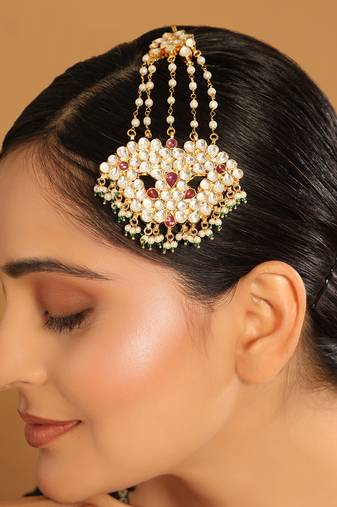 gold plated kundan & red stone studded jhumar paasa head jewellery