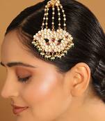 gold plated kundan & red stone studded jhumar paasa head jewellery