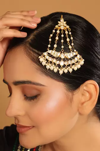 22k gold-plated kundan & pearl studded jhumar paasa head jewellery