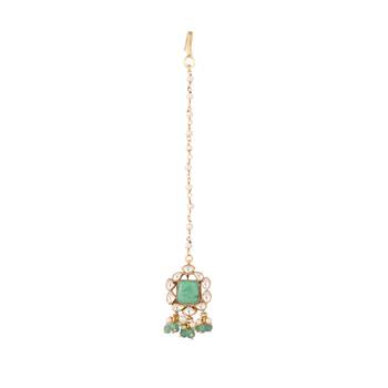 gold plated kundan & green stone embellished maang tikka head jewellery 3