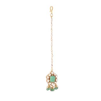 gold plated kundan & green stone embellished maang tikka head jewellery 4