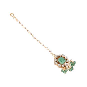 gold plated kundan & green stone embellished maang tikka head jewellery 5