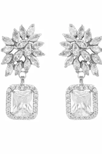 Rhodium plated rhinestone studded floral minimal cotemporary studs