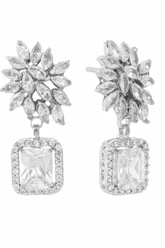Rhodium plated rhinestone studded floral minimal cotemporary studs