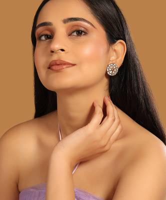gold plated mother of pearls and stone studded contemporary floral shaped studs 2