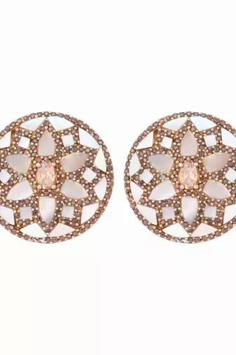 gold plated mother of pearls and stone studded contemporary floral shaped studs