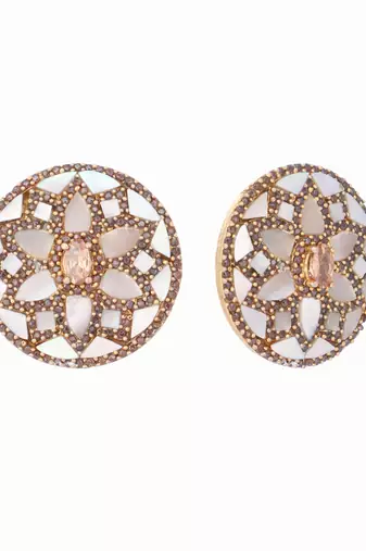 gold plated mother of pearls and stone studded contemporary floral shaped studs
