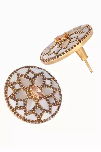 gold plated mother of pearls and stone studded contemporary floral shaped studs