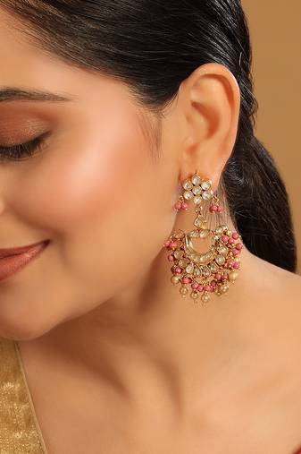 gold plated kundan chandbali earrings with pink stones