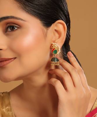 gold plated pearls studded contemporary shaped enamel jhumkas 1