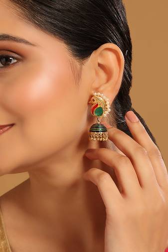 gold plated pearls studded contemporary shaped enamel jhumkas