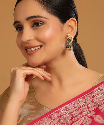 gold plated pearls studded contemporary shaped enamel jhumkas 2