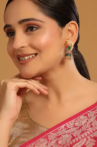 gold plated pearls studded contemporary shaped enamel jhumkas