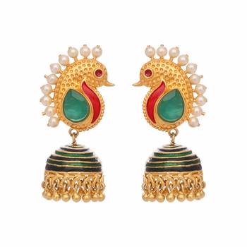 gold plated pearls studded contemporary shaped enamel jhumkas 3
