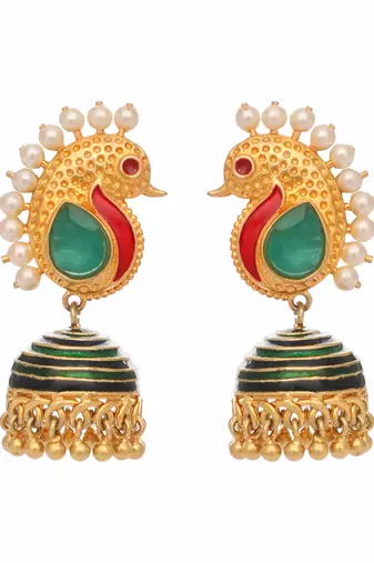 gold plated pearls studded contemporary shaped enamel jhumkas