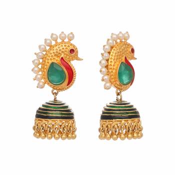 gold plated pearls studded contemporary shaped enamel jhumkas 4