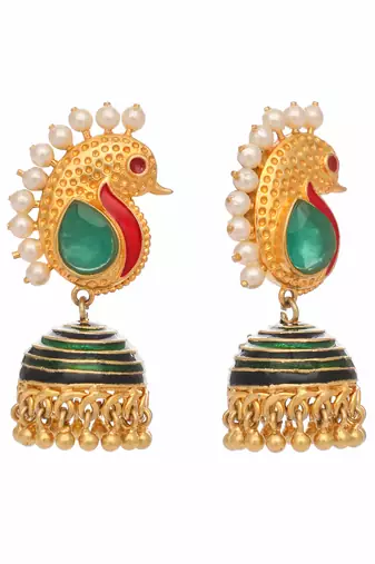 gold plated pearls studded contemporary shaped enamel jhumkas
