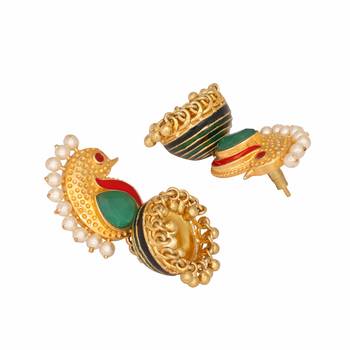 gold plated pearls studded contemporary shaped enamel jhumkas 5