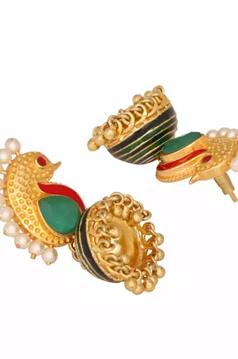 gold plated pearls studded contemporary shaped enamel jhumkas