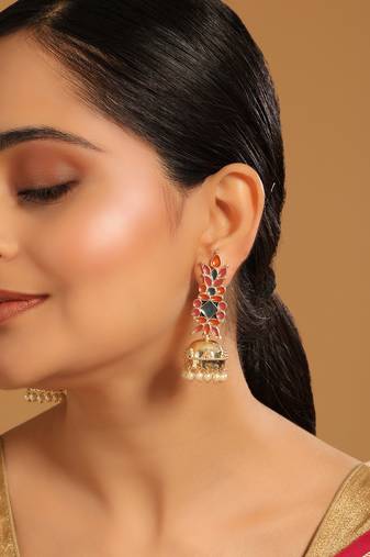 gold plated enamel & beaded dome shaped jhumka earrings