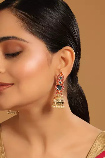 22k gold-plated enamel & beaded dome shaped jhumka earrings