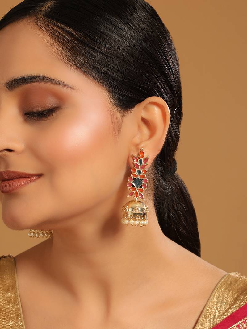 gold plated enamel & beaded dome shaped jhumka earrings