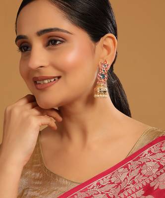 gold plated enamel & beaded dome shaped jhumka earrings 2