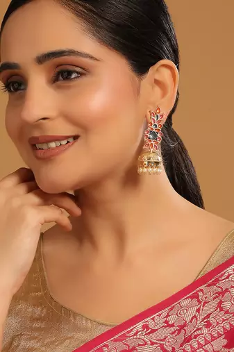 gold plated enamel & beaded dome shaped jhumka earrings
