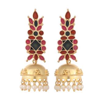 gold plated enamel & beaded dome shaped jhumka earrings 3