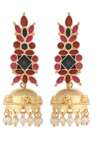 gold plated enamel & beaded dome shaped jhumka earrings