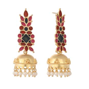 gold plated enamel & beaded dome shaped jhumka earrings 4
