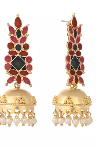 gold plated enamel & beaded dome shaped jhumka earrings