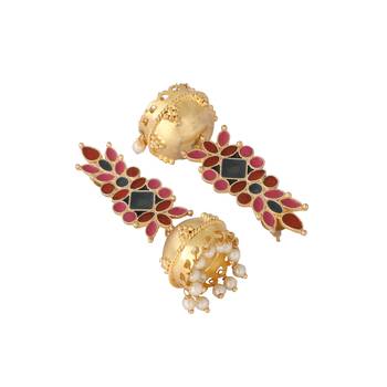 gold plated enamel & beaded dome shaped jhumka earrings 5