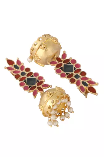 gold plated enamel & beaded dome shaped jhumka earrings