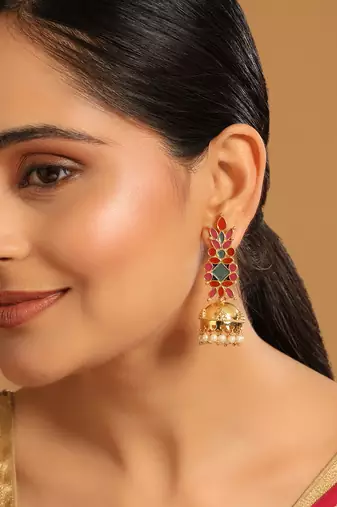 22k gold-plated enamel & beaded dome shaped jhumka earrings