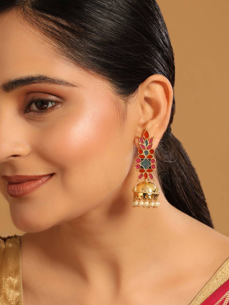 gold plated enamel & beaded dome shaped jhumka earrings