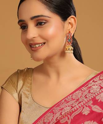 gold plated enamel & beaded dome shaped jhumka earrings 2