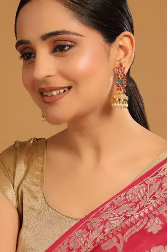 gold plated enamel & beaded dome shaped jhumka earrings