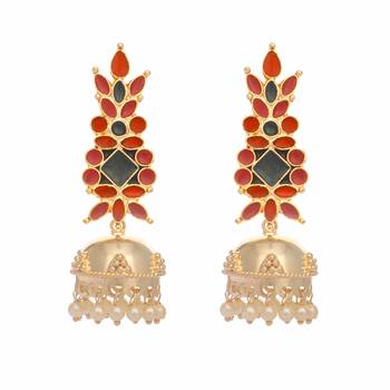 gold plated enamel & beaded dome shaped jhumka earrings 3