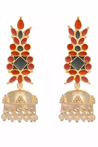 gold plated enamel & beaded dome shaped jhumka earrings