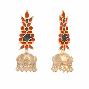 gold plated enamel & beaded dome shaped jhumka earrings 4