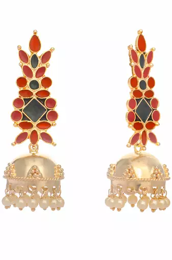 gold plated enamel & beaded dome shaped jhumka earrings