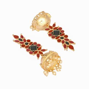 gold plated enamel & beaded dome shaped jhumka earrings 5