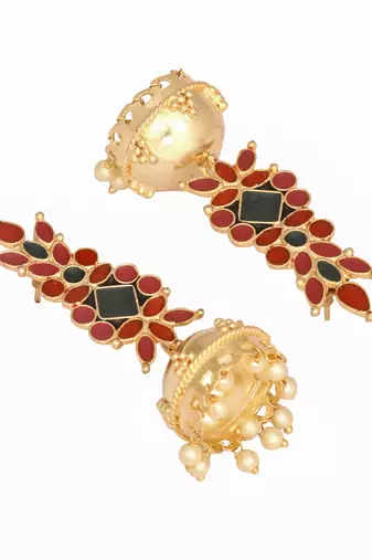 gold plated enamel & beaded dome shaped jhumka earrings