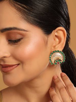 gold plated faux emerald stone studded contemporary shaped studs 1