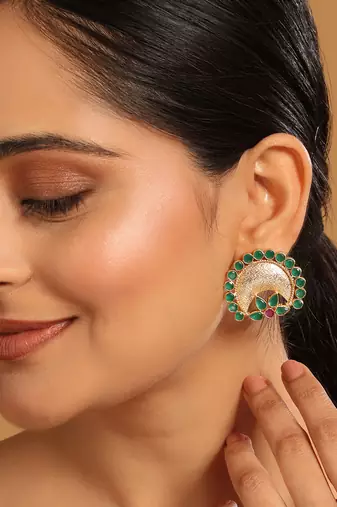 gold plated faux emerald stone studded contemporary shaped studs