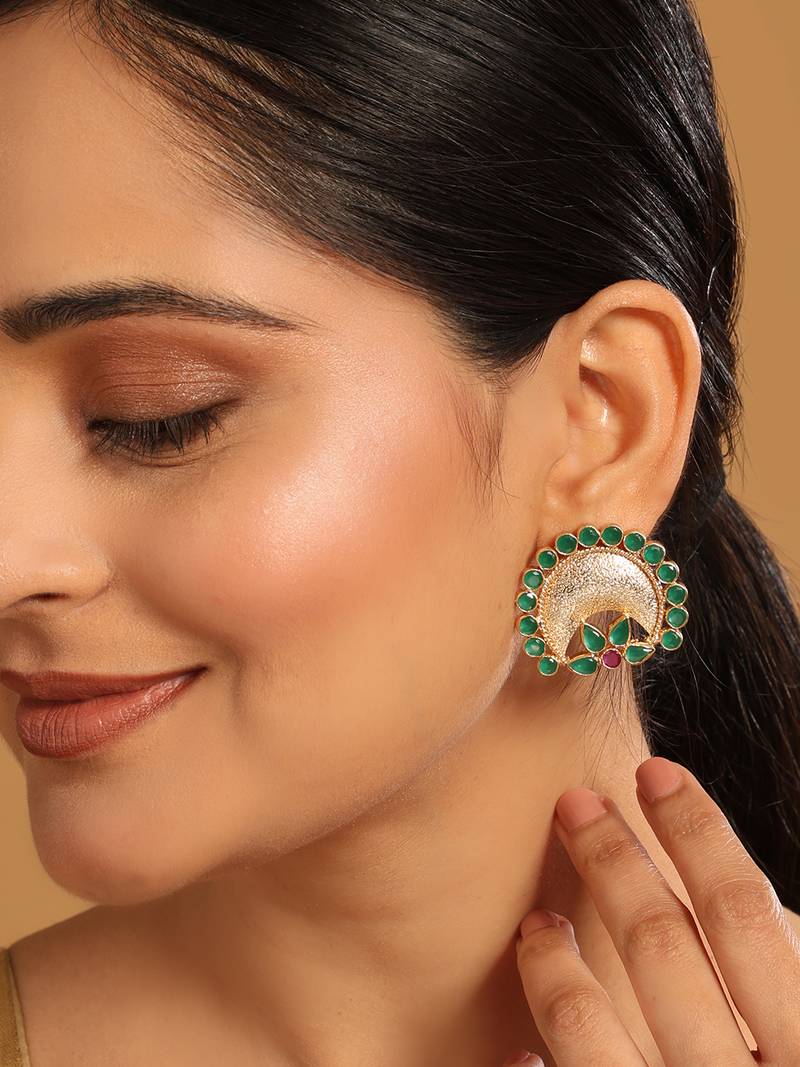 gold plated faux emerald stone studded contemporary shaped studs