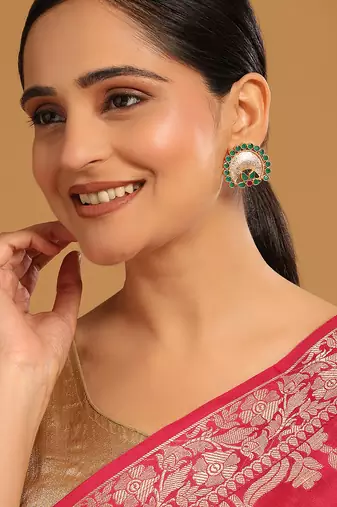 gold plated faux emerald stone studded contemporary shaped studs